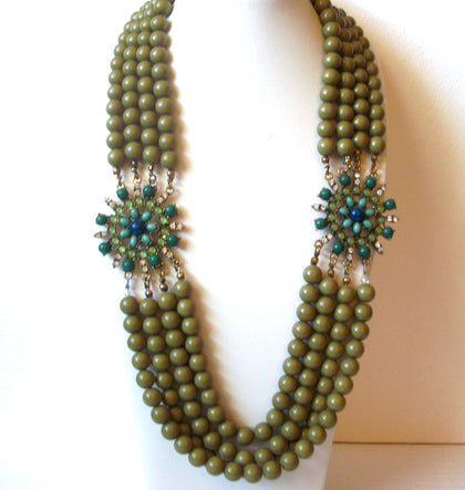 Vintage 1950s Olive Rhinestone Multi Strand Necklace 120920
