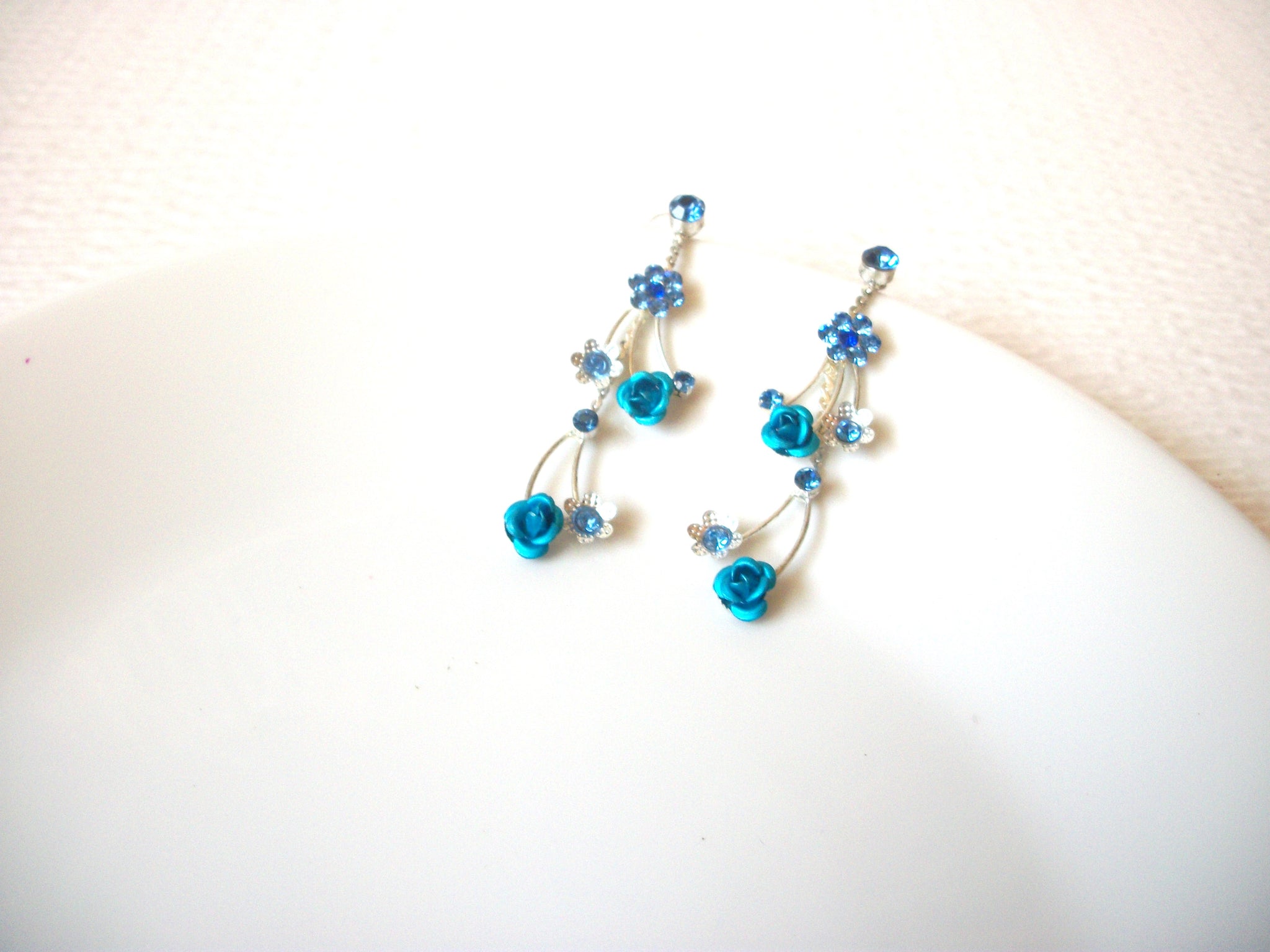 Blue Silver Long Rhinestone Flower Dangle Earrings 121020