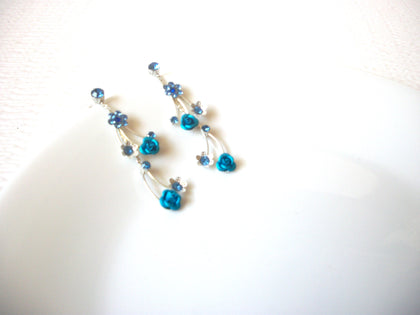 Blue Silver Long Rhinestone Flower Dangle Earrings 121020