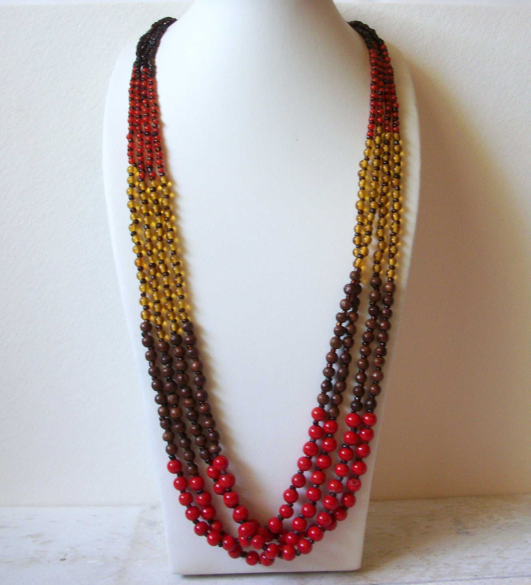 Vintage Red Gold Brown Glass Beads Necklace 60520