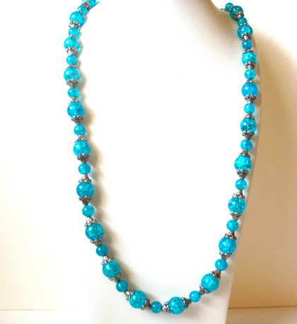 Long Blue Crackle Glass Beaded Necklace 121120