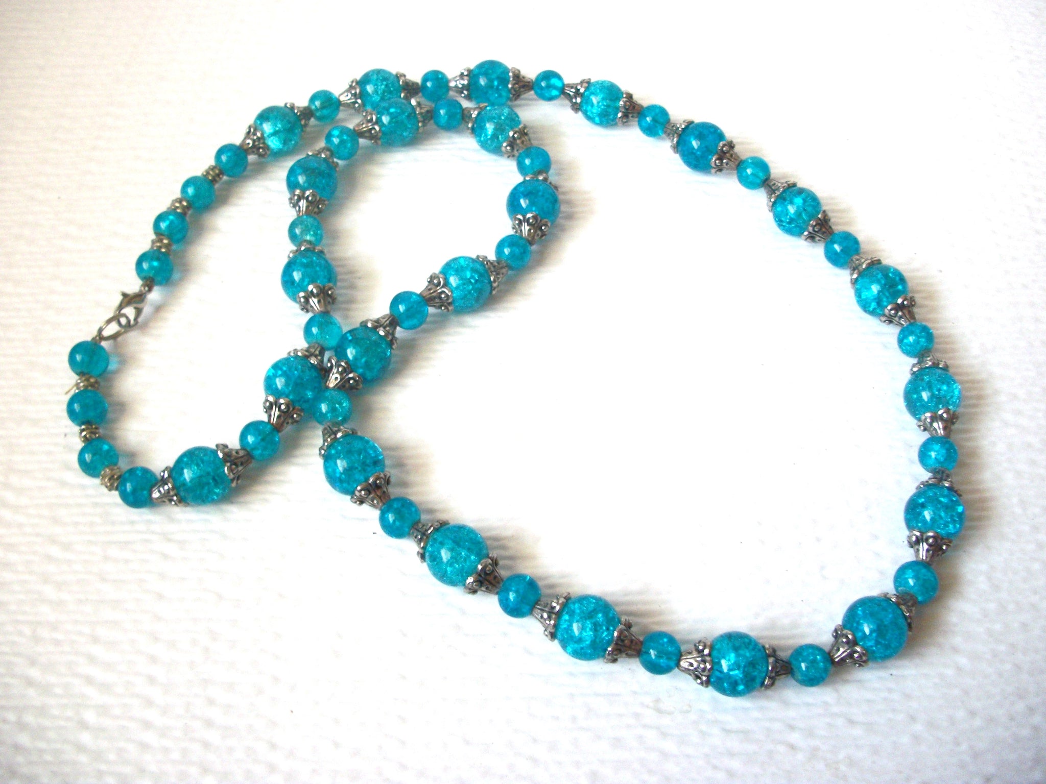 Long Blue Crackle Glass Beaded Necklace 121120