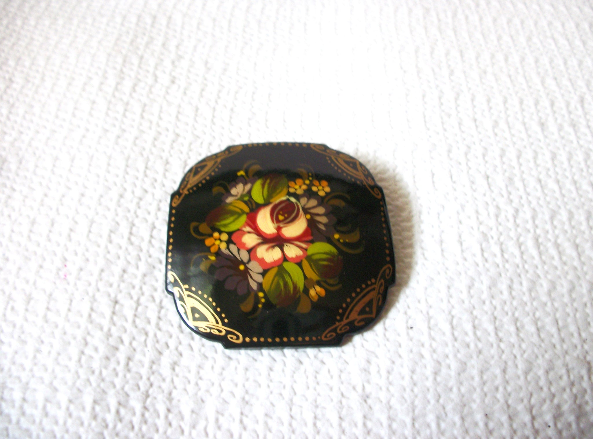 Vintage Russian Signed Lacquered Wood Brooch 40820