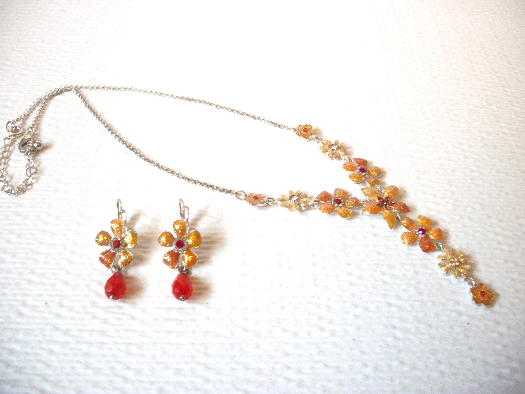 Retro Hibiscus Flower Rhinestone Necklace Earring Set 121120
