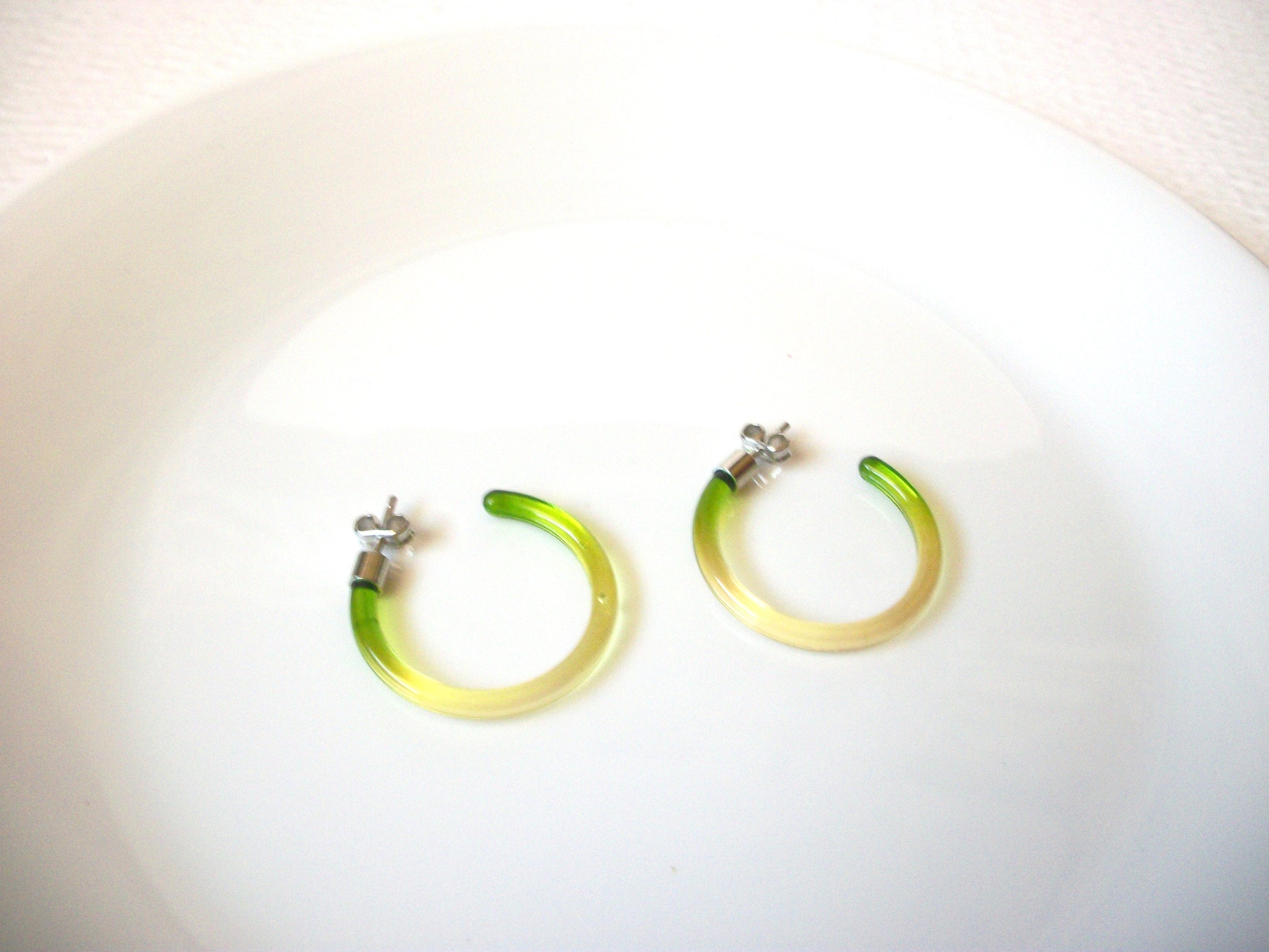 Hand Made Green Yellow Lucite Hoop Earrings 121520