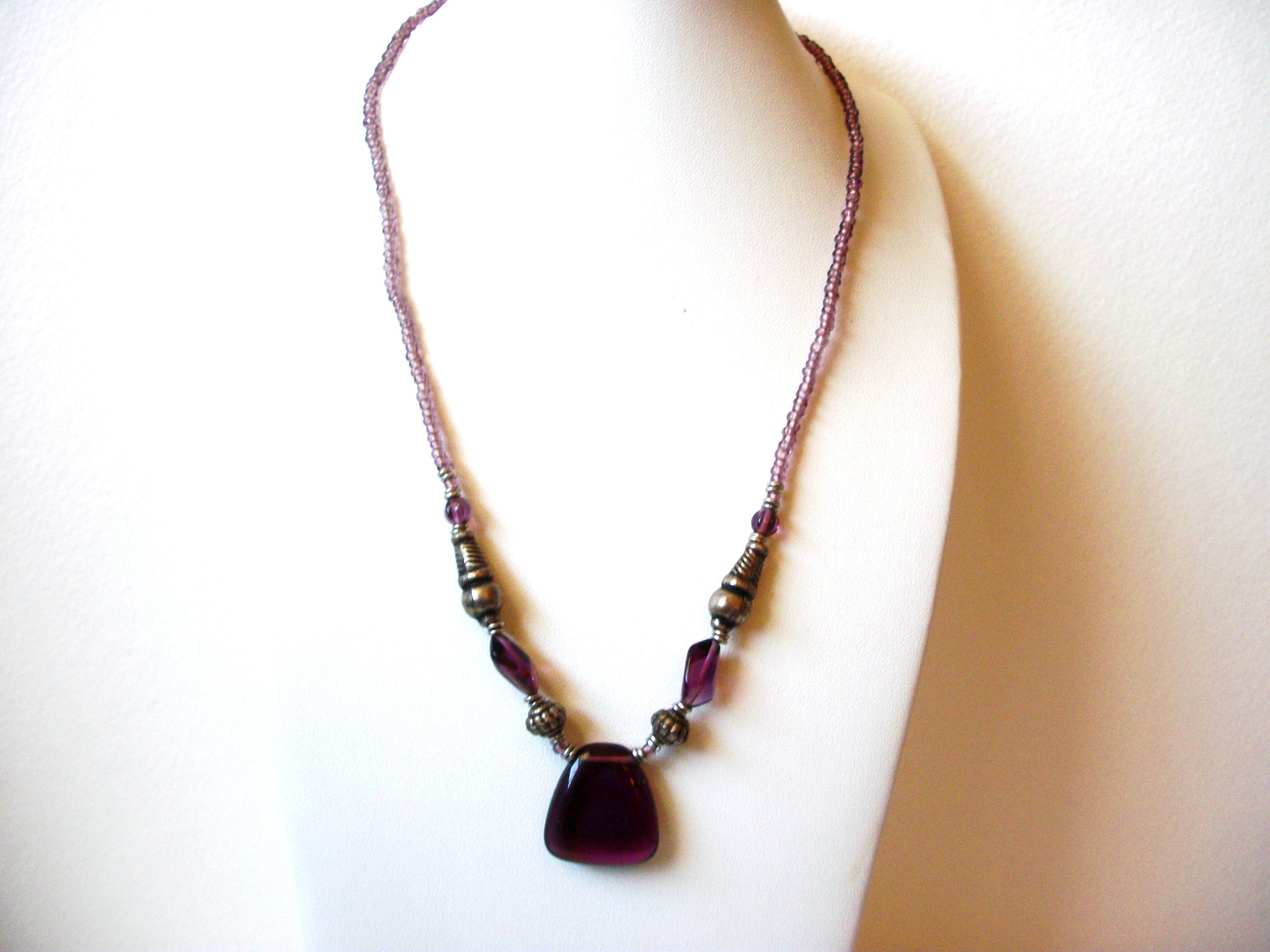 Plum Toned Glass Pendant Necklace Hand Made 121320