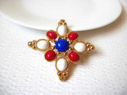 Vintage SARAH COV Ornate Gold Red White Blue Brooch Pin 121620