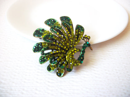 Vintage Larger Peacock Green Rhinestone Brooch Pin 121620