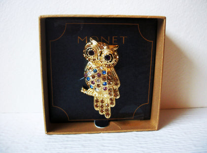 Vintage MONET Rhinestone Owl Brooch Pin 122020