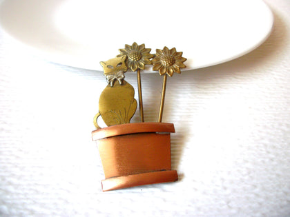 Vintage Large Copper Brass Flower Pot Cat Brooch Pin 121720