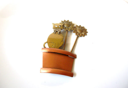 Vintage Large Copper Brass Flower Pot Cat Brooch Pin 121720