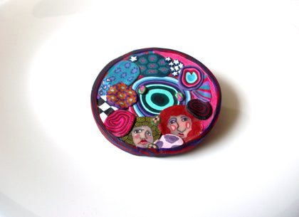 Vintage Colorful Fimo Clay People Faces Brooch Pin 121820