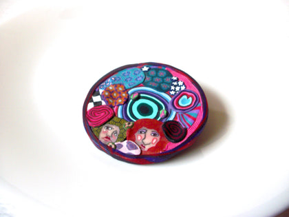 Vintage Colorful Fimo Clay People Faces Brooch Pin 121820