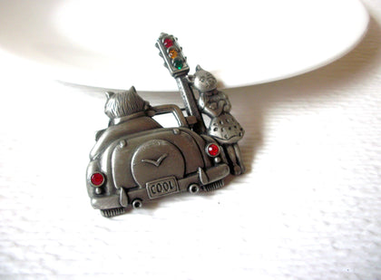 Vintage JJ Stamped Cats In Love Rhinestone Brooch Pin 121820