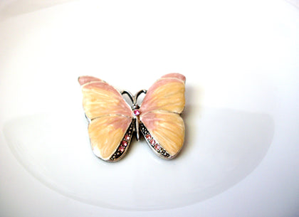 Vintage Peach Enameled Rhinestone Butterfly Brooch Pin 121820