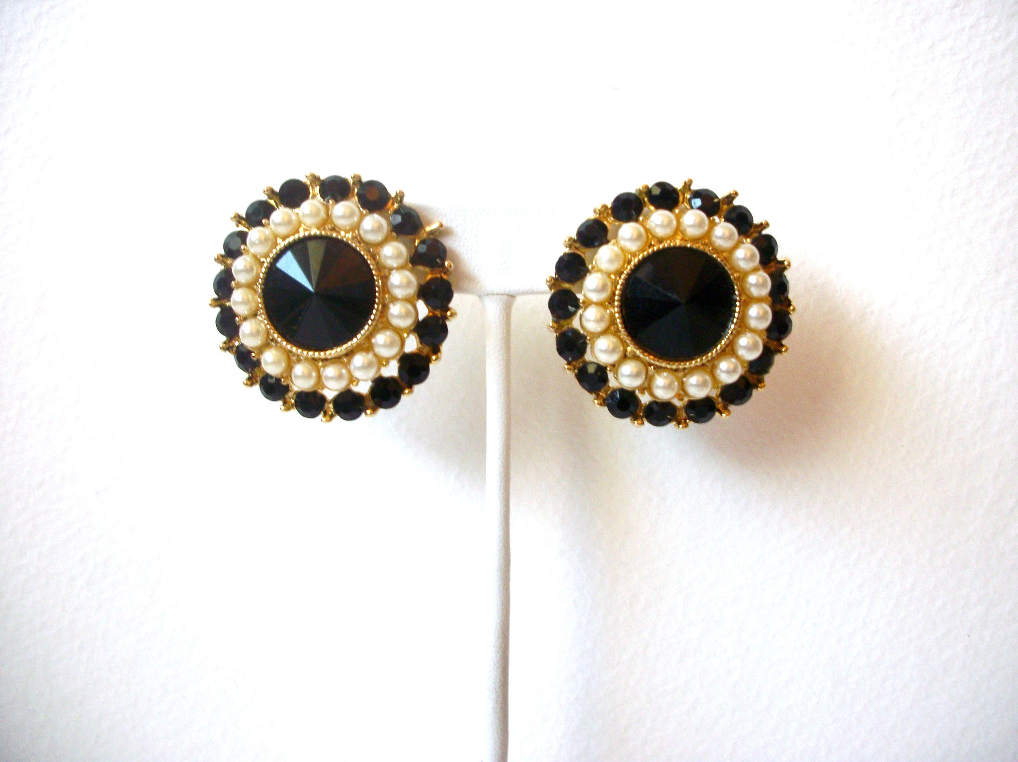 Vintage Black Rhinestone Faux Pearl Clip On Earrings 121720