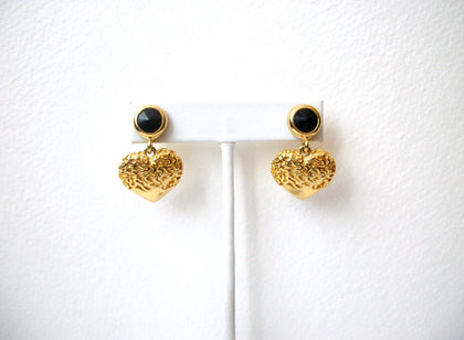 Vintage Gold Toned Black Heart Earrings 121820
