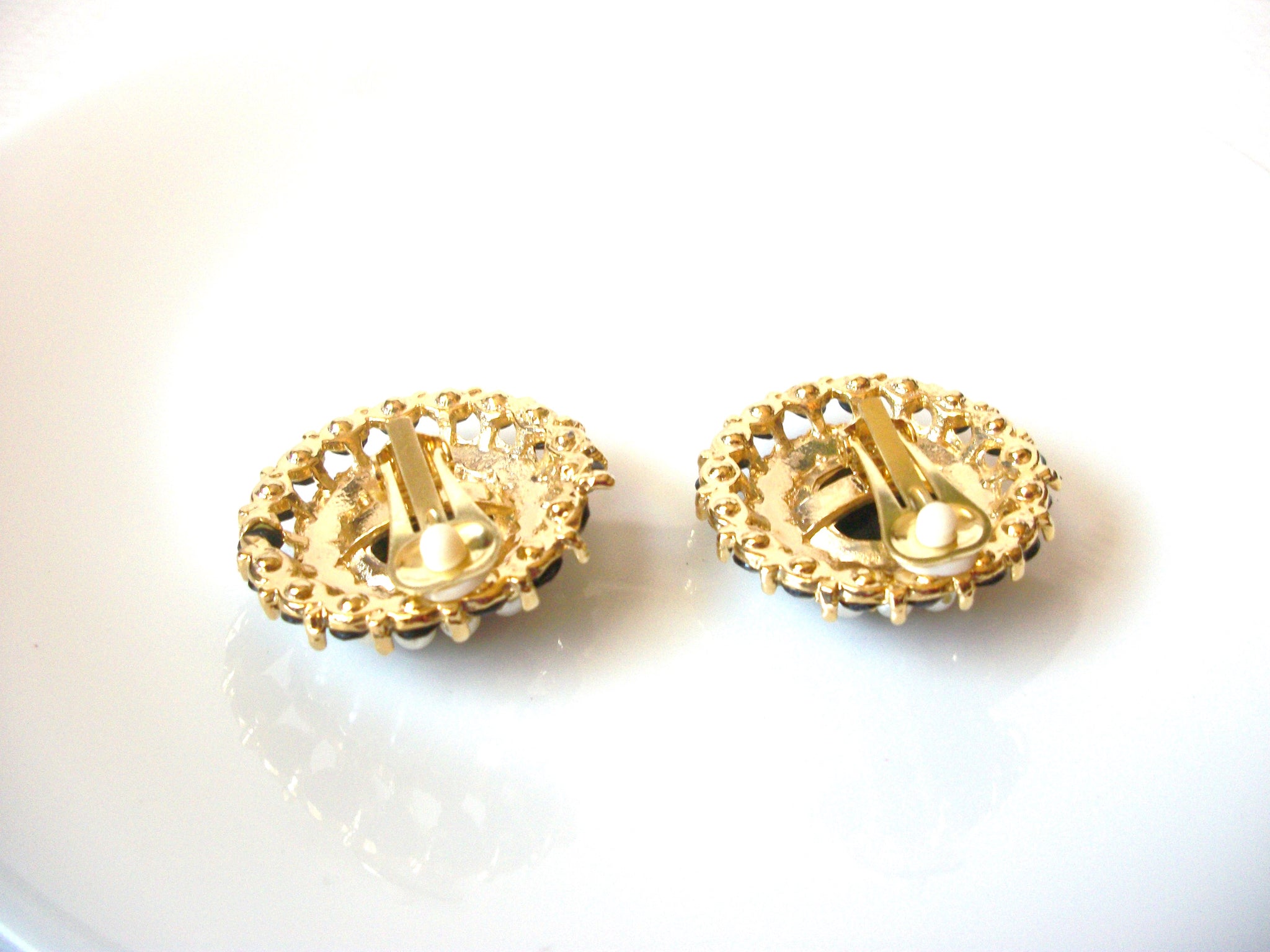 Vintage Black Rhinestone Faux Pearl Clip On Earrings 121720