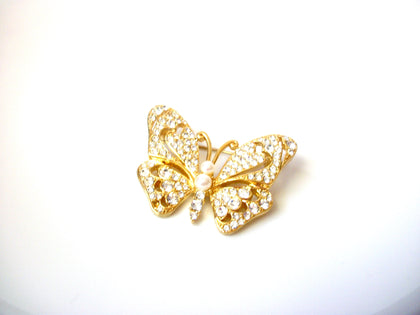 Vintage Gold Toned Clear Rhinestone Butterfly Brooch Pin 121820