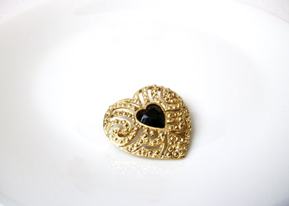 Vintage Gold Toned Black Heart Brooch Pin 121820