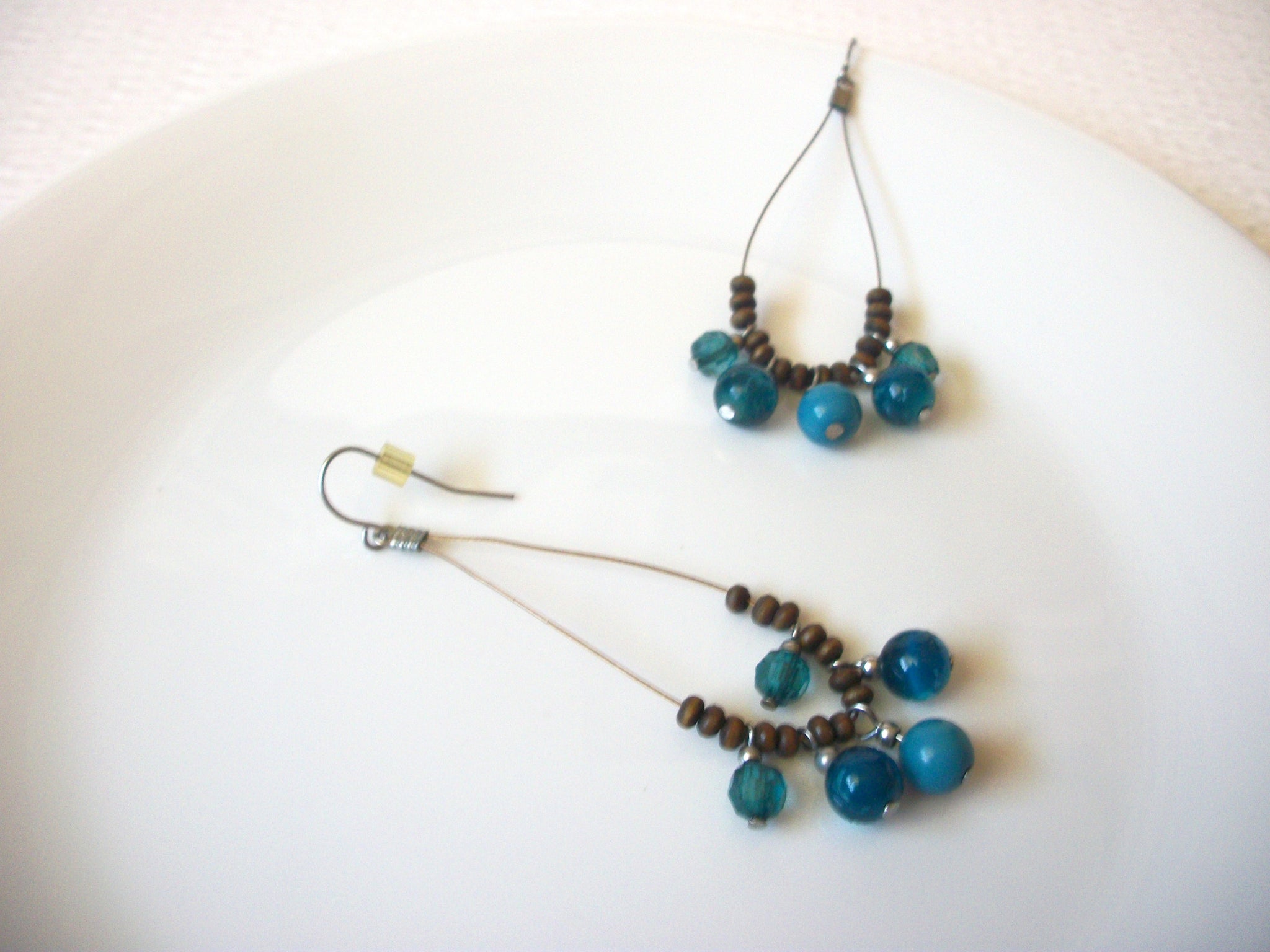 Blue Glass Wood Earrings 121720    Hand Made By Sonja