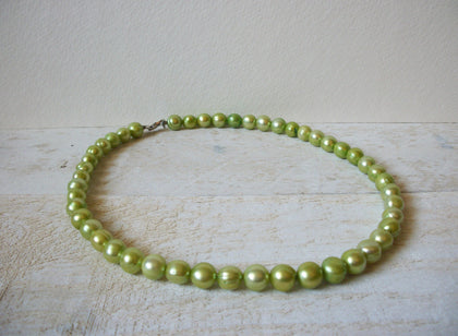 Retro Lime Green Hand Pressed Glass Beads Necklace 62020