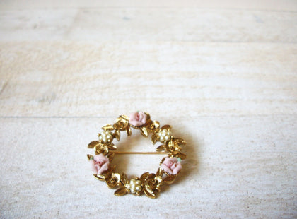 Vintage Porcelain Rose Pearl Wreath Brooch 62020