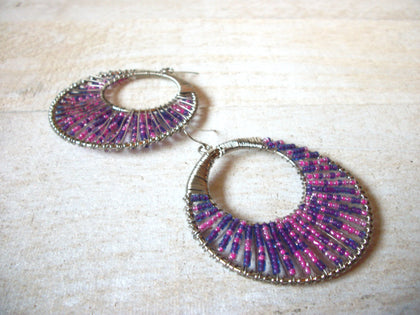 Bohemian Large Earrings Pink Purple Seed Beads 62720
