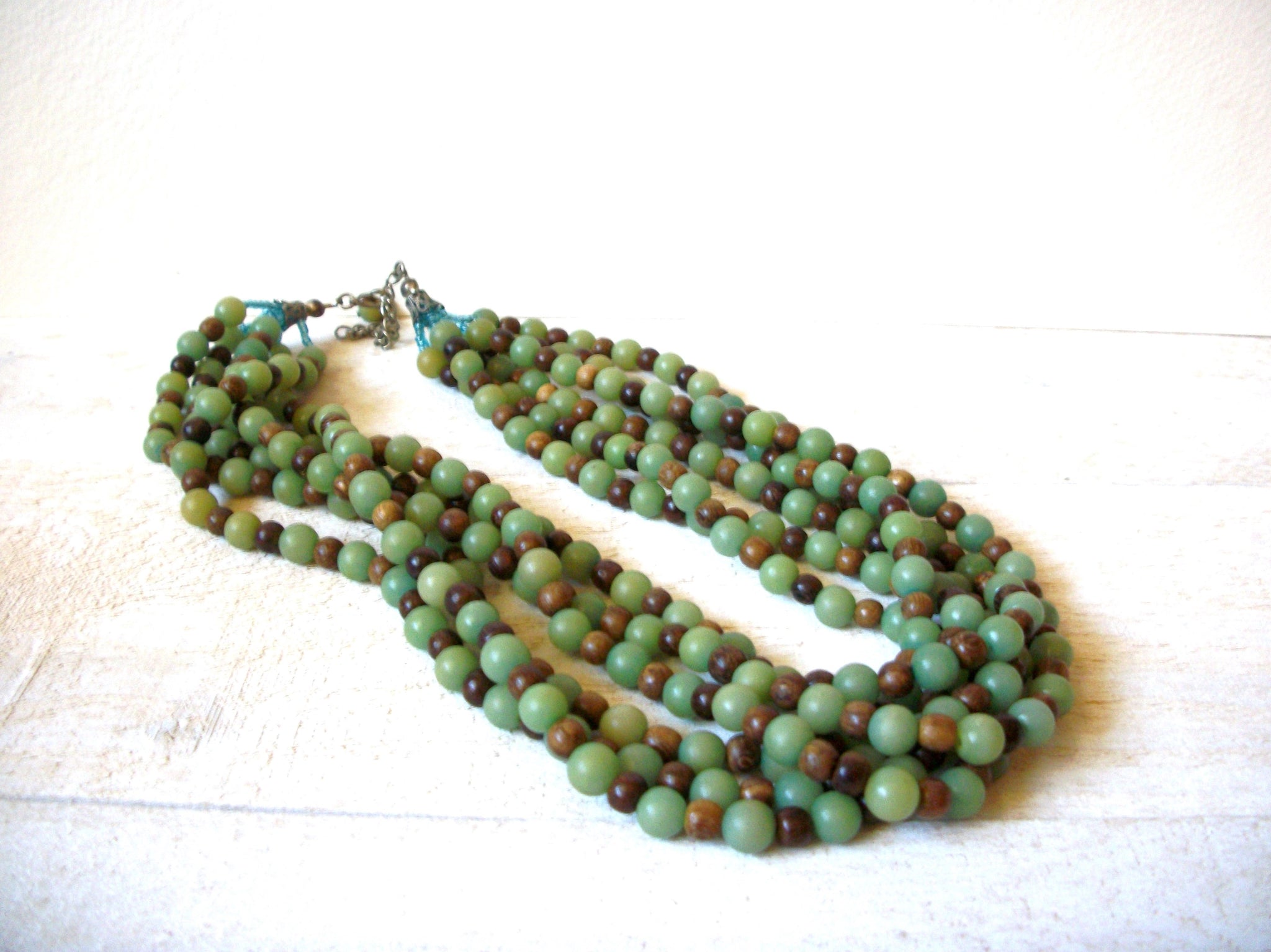 Vintage Green Brown Glass Stones Necklace 62920