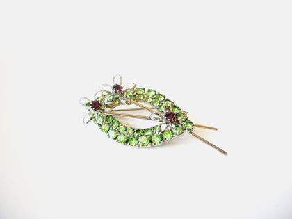 Vintage 1950s Flower Leaf Rhinestone Brooch Pin 121720