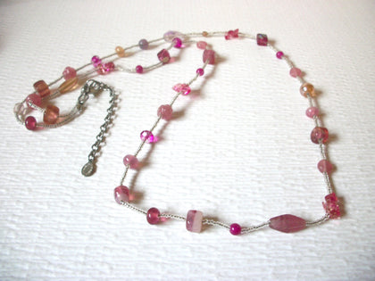 Vintage ALI KHAN Silver Toned Pink Glass 36" Necklace 123016