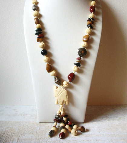 African Vintage Elephant Bone Glass Stone Beads Necklace 62420