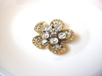 Vintage Gold Toned Clear Rhinestone Large Floral Brooch Pin 121620