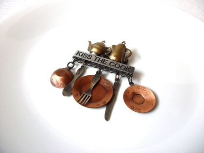 Vintage Rustic Kiss The Cook Brooch Pin 121720