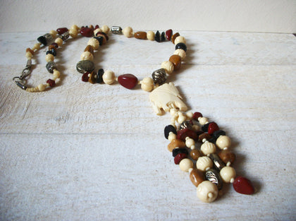 African Vintage Elephant Bone Glass Stone Beads Necklace 62420