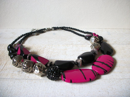 Retro 1970s Chunky Silver Pink Black Old Plastic Beads Necklace 62520