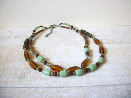 Vintage Brown Mint Green Glass Beads Necklace 61720