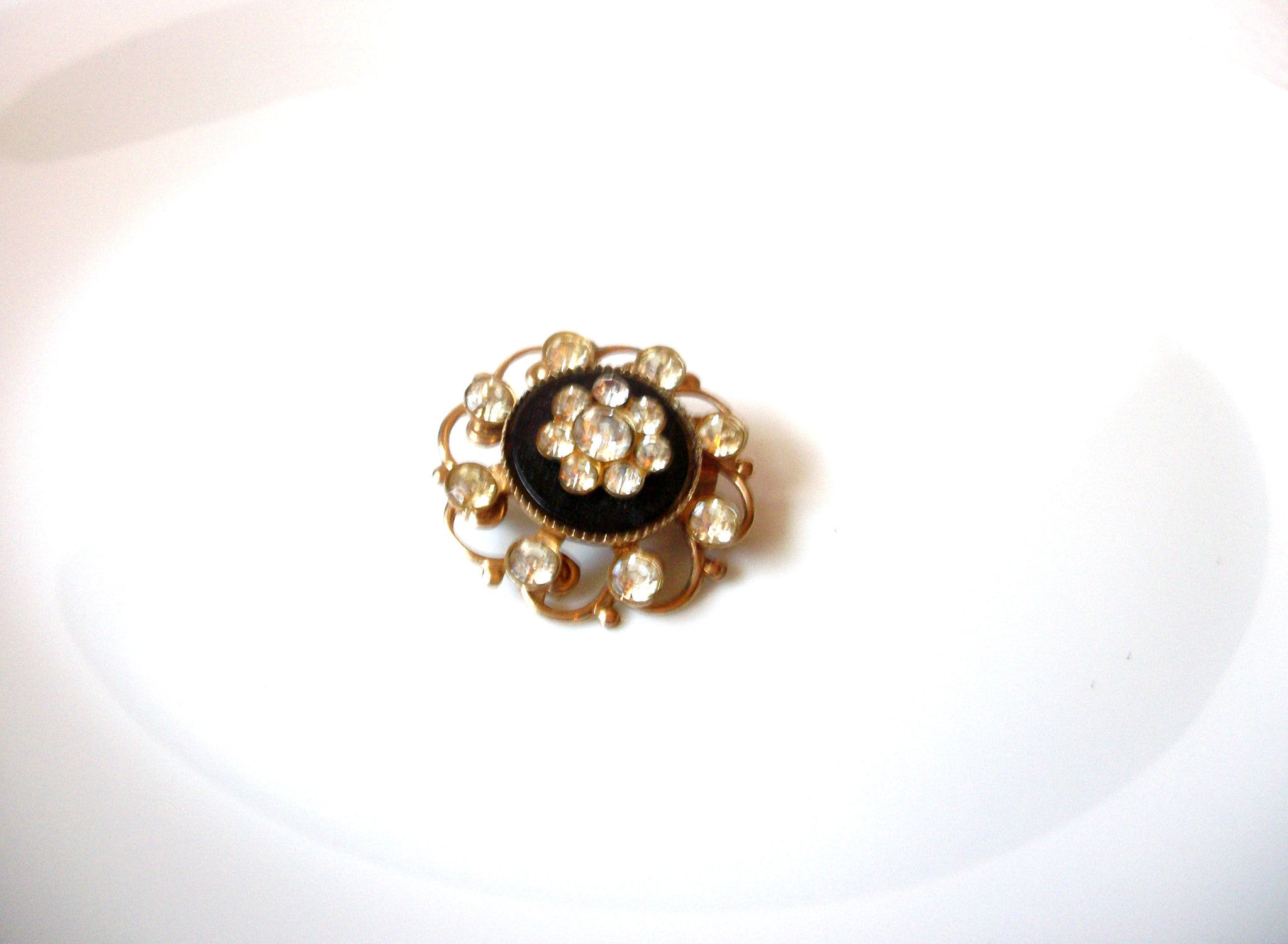 Vintage Clear Rhinestones Black Flower Brooch Pin 121720