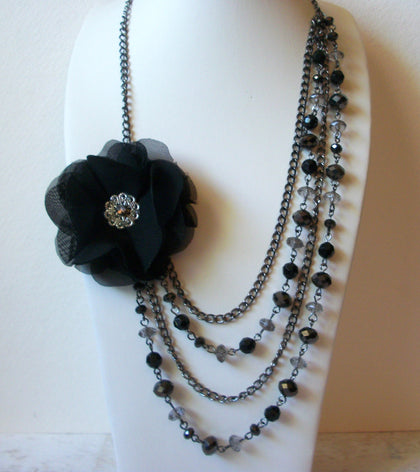 Vintage Black Silk Flower Czech Glass Necklace 63020