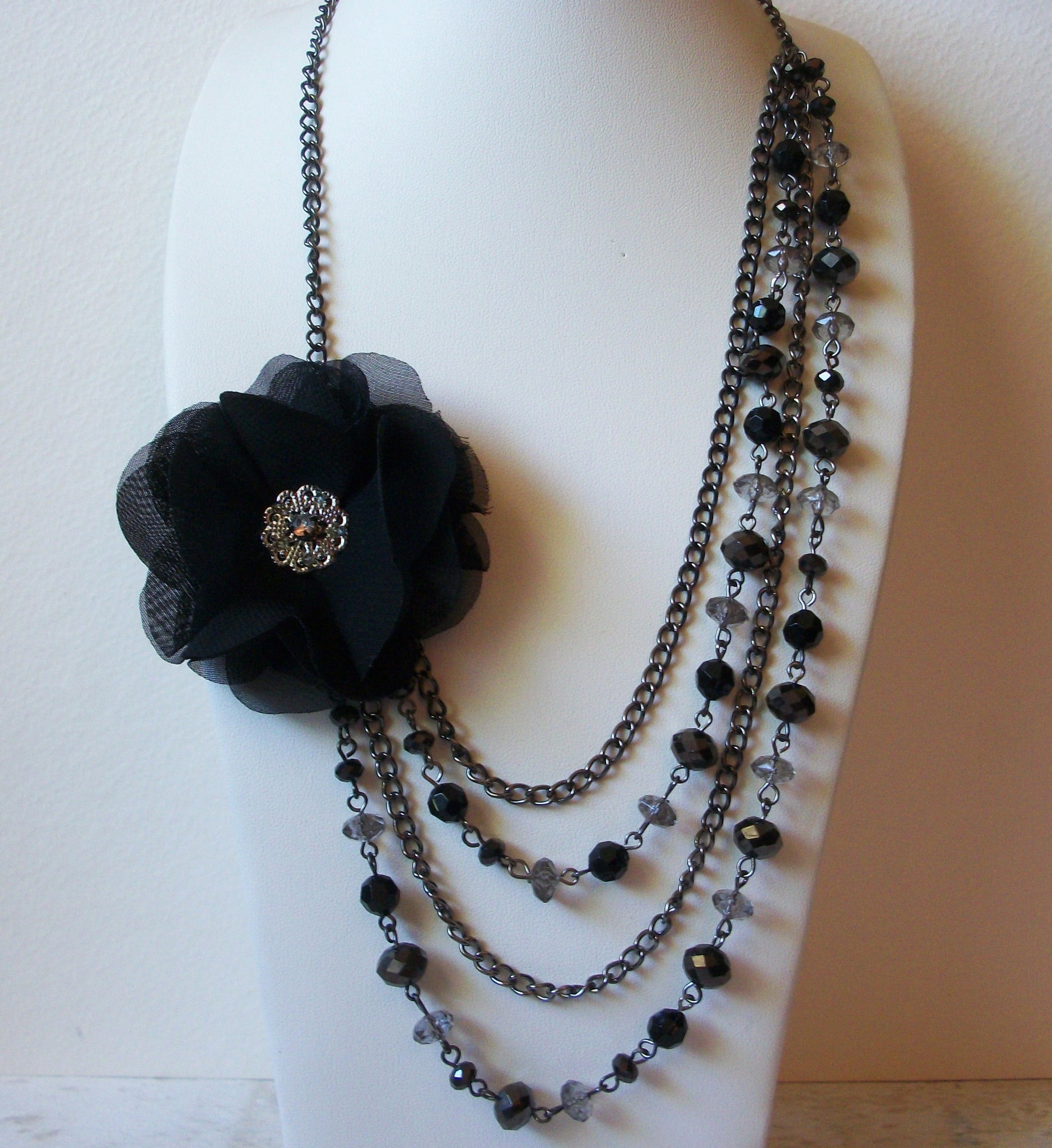 Vintage Black Silk Flower Czech Glass Necklace 63020