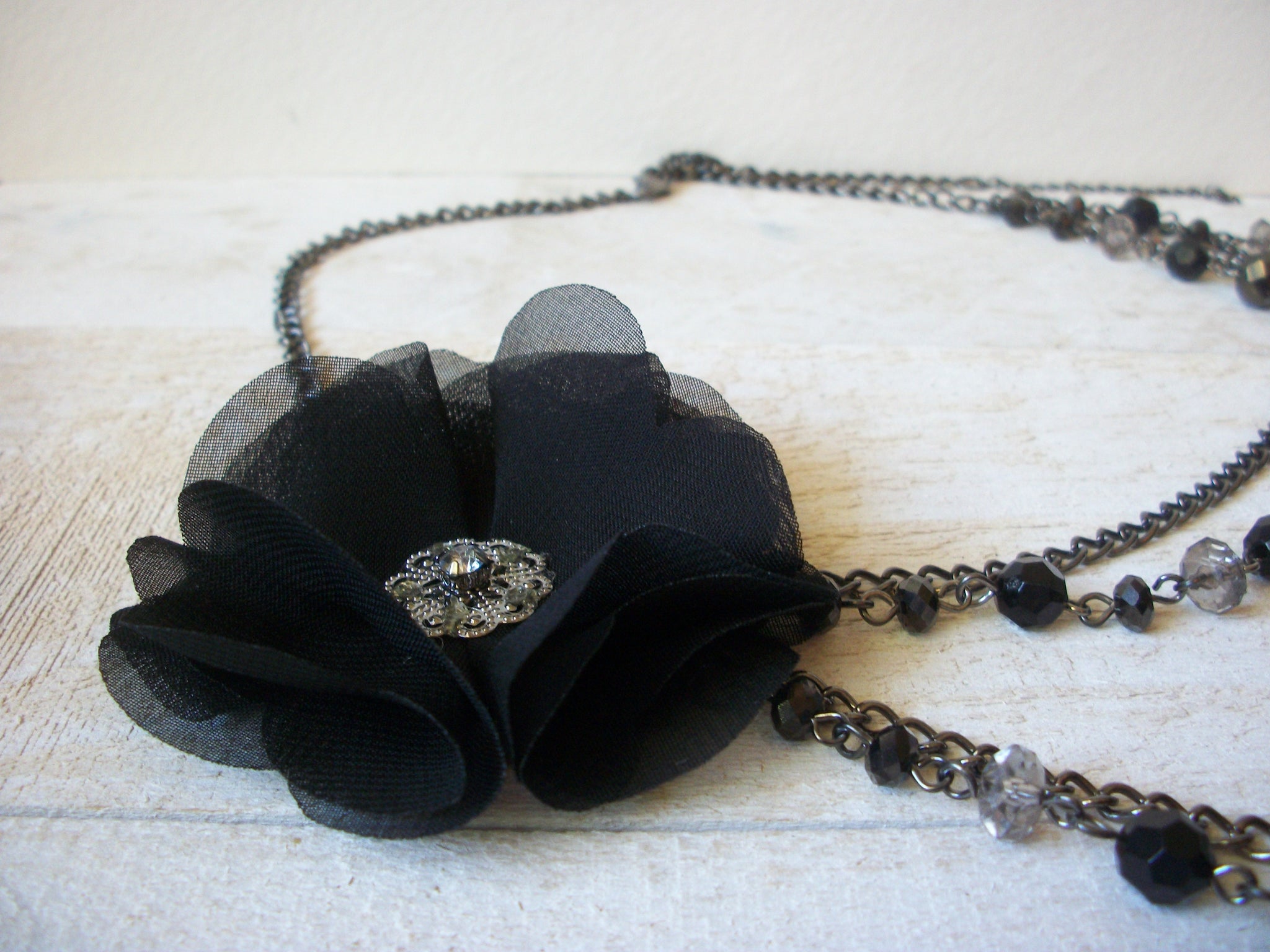 Vintage Black Silk Flower Czech Glass Necklace 63020