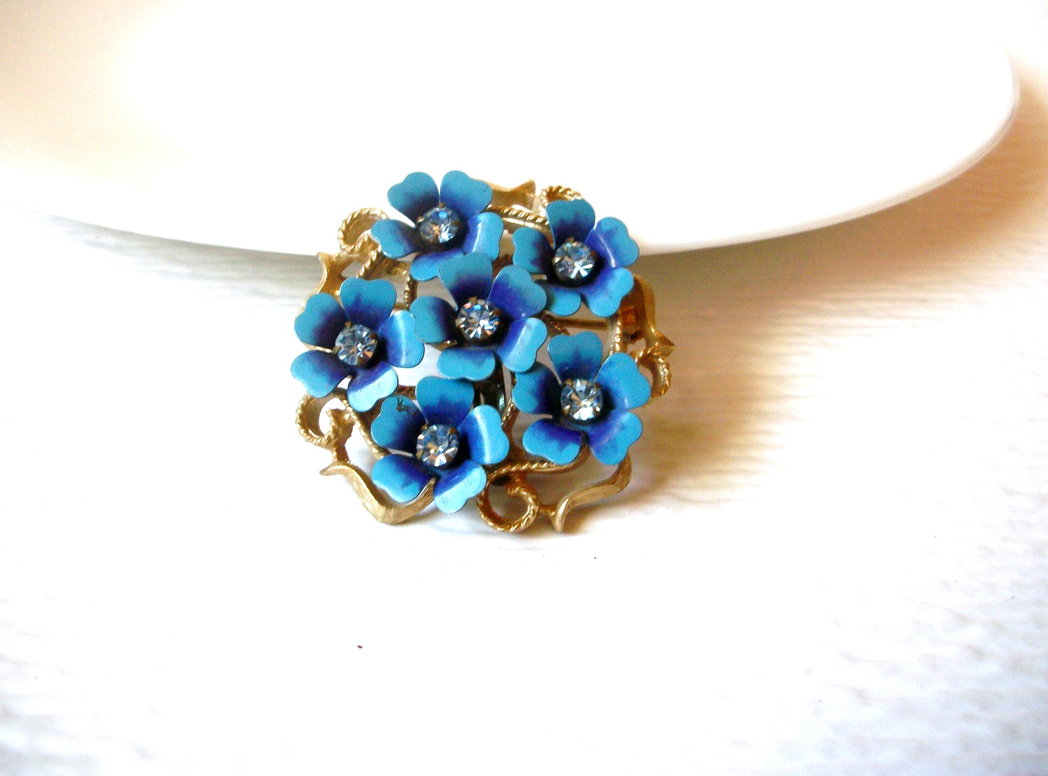 Vintage AVON Blue Flower Clear Rhinestone Flower Brooch Pin Enhancer 122120