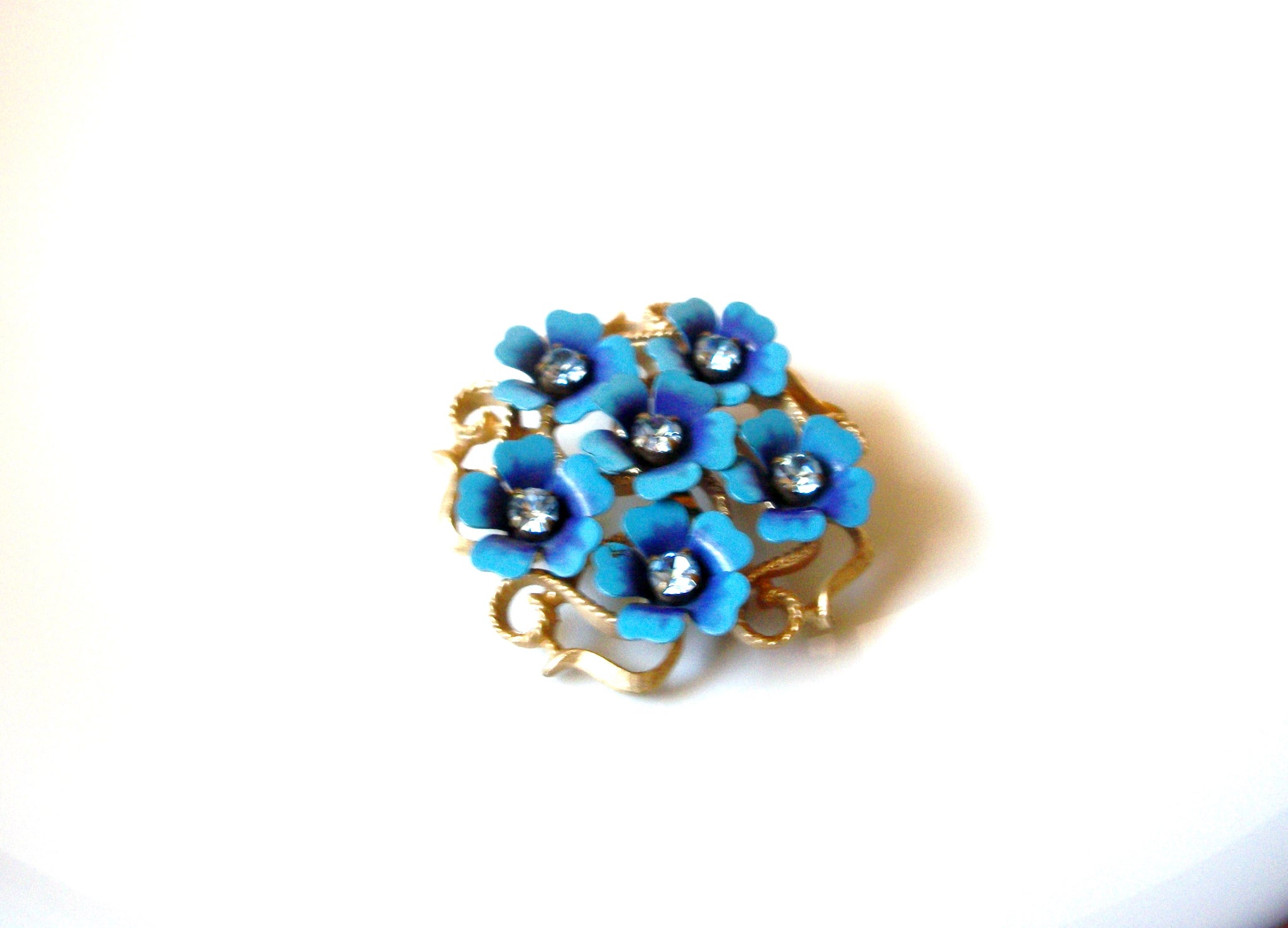 Vintage AVON Blue Flower Clear Rhinestone Flower Brooch Pin Enhancer 122120