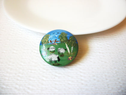 Vintage Hand Painted Sheep Pasture Wood Brooch Pin 121920