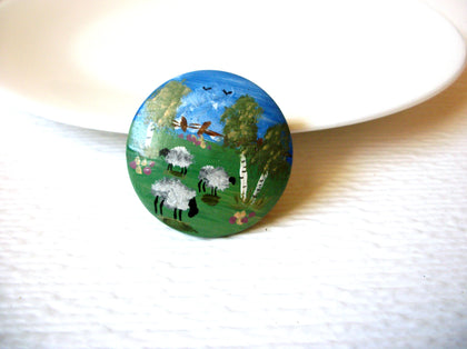 Vintage Hand Painted Sheep Pasture Wood Brooch Pin 121920