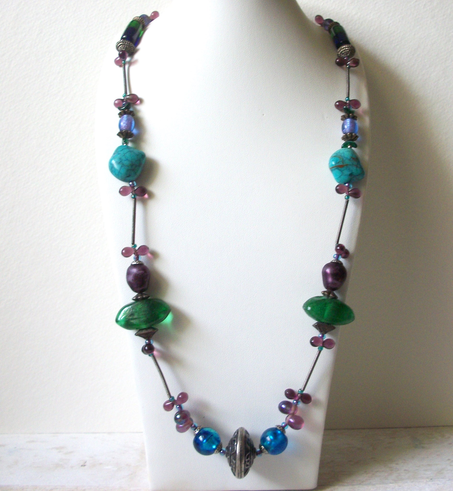 Southwestern Blue Green Stones Glass Necklace 70420