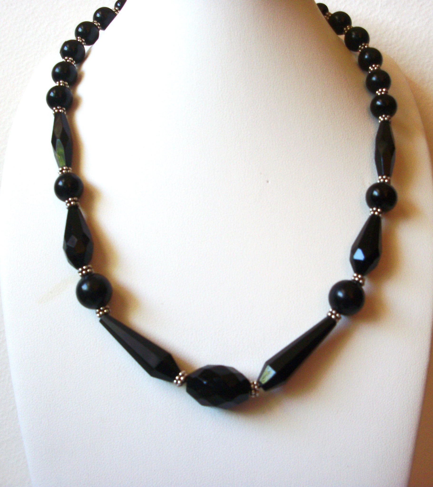 Black Czech Glass Beads Silver Tone Bali Spacers 18 Inch Necklace 71218D