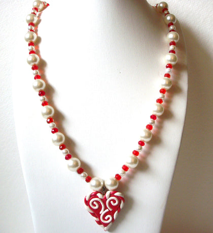 Retro Glass Pearls Red Lucite Heart Necklace 101020