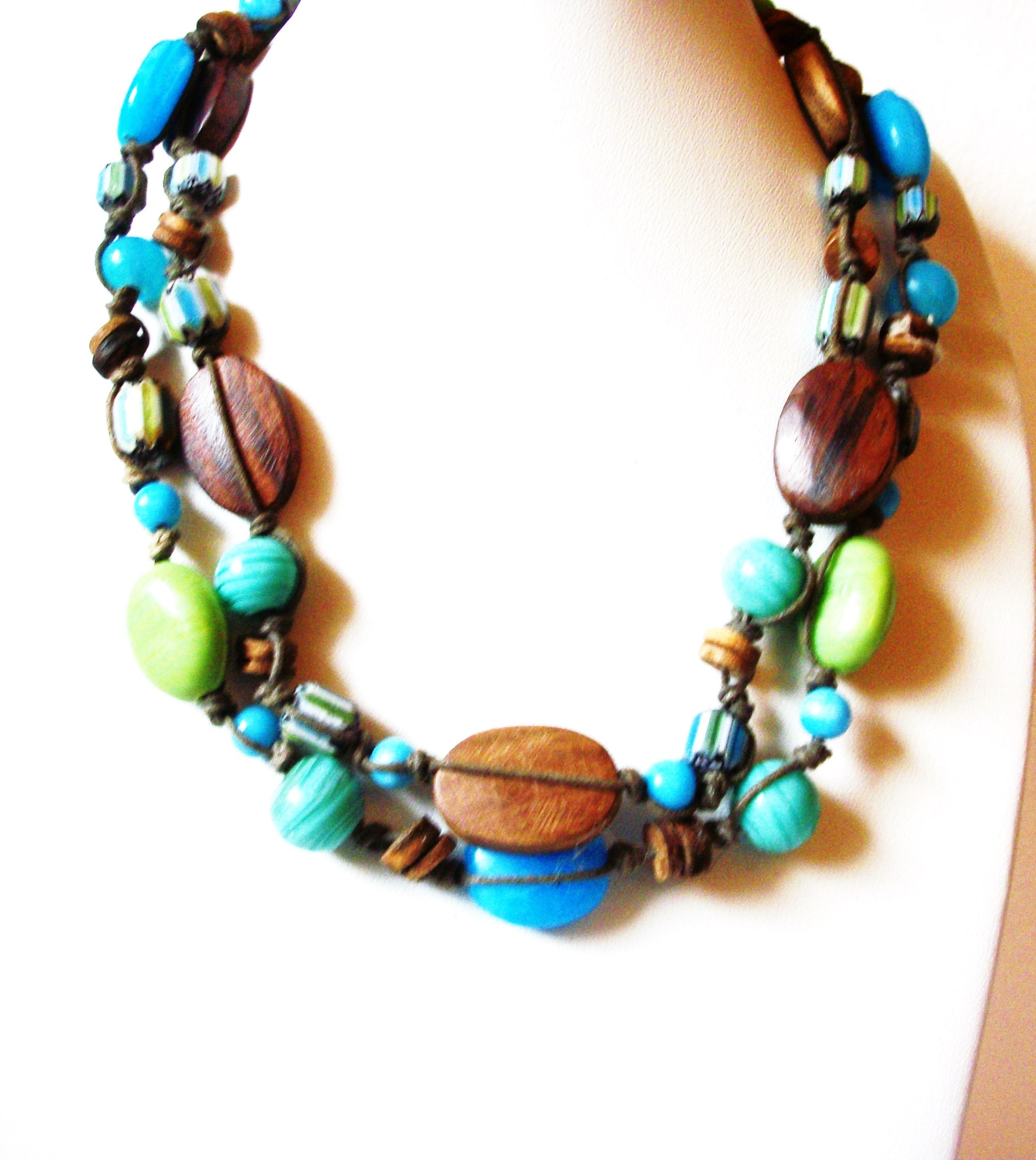 Vintage Bohemian Glass Wood Necklace 101620