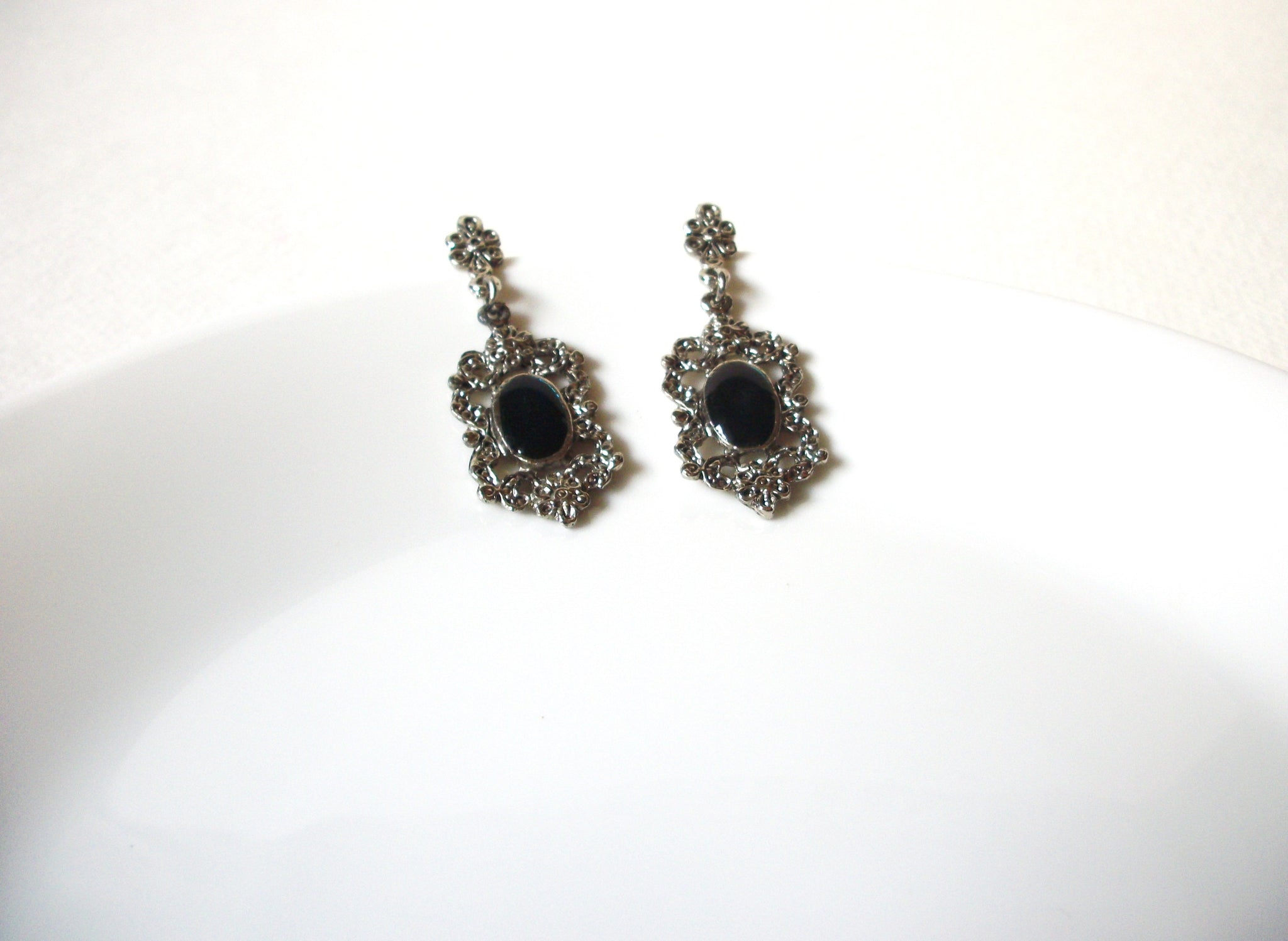 Vintage Black Silver Victorian Earrings 71720